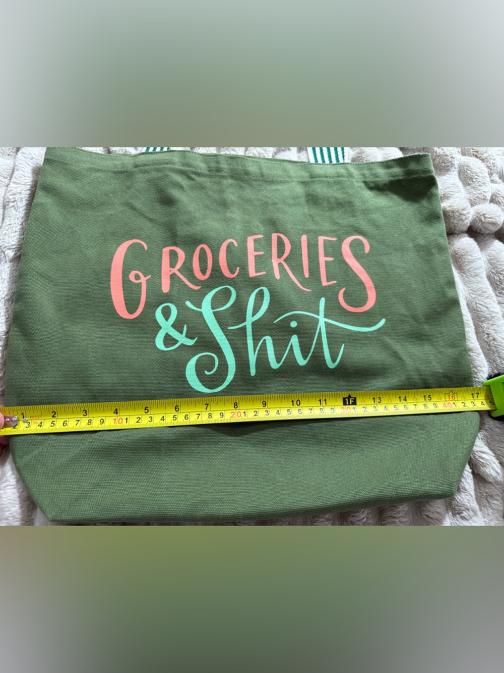 Groceries & Shit Olive Canvas Tote with Striped Handles - Picture 4 of 4